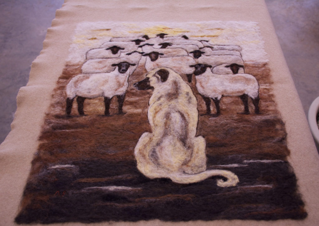 wool painting of dog and sheep