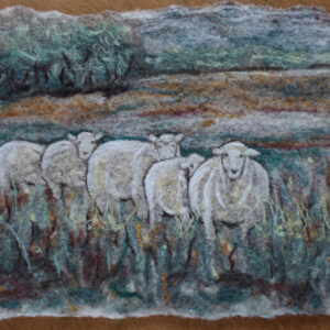 Needle felted artwork of sheep on the prairie