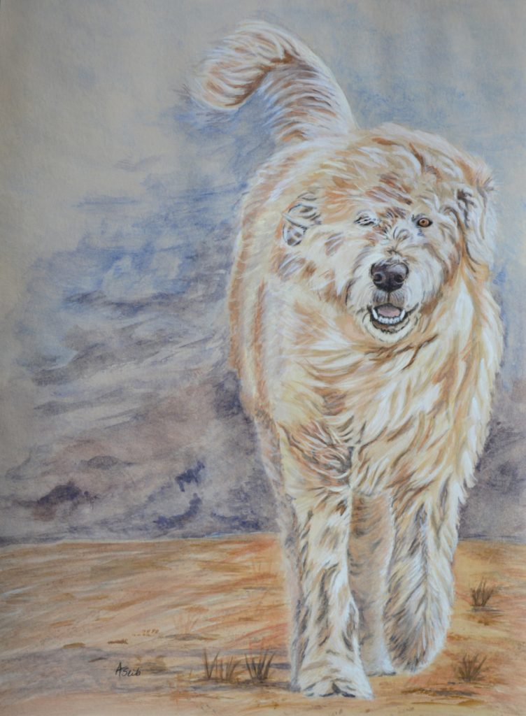 gouache artwork of big white dog by arlette seib